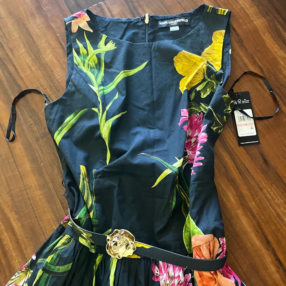 New Karl Lagerfeld Navy Floral Sleeveless Fit-and-Flare Dress size 10 - Picture 14 of 16